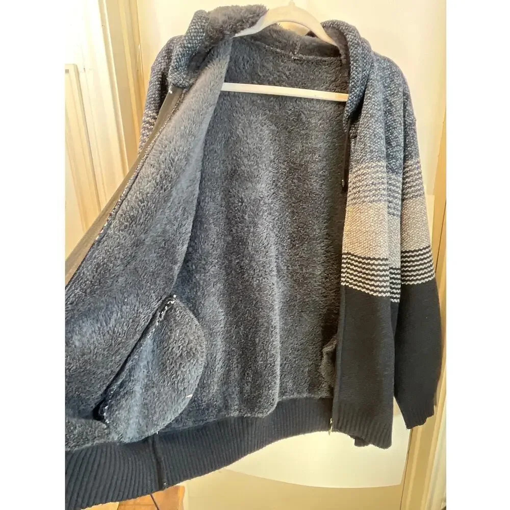 Mens Blue Color block Striped Fleece-Lined Full Zipper Jacket Hooded - Picture 5 of 11